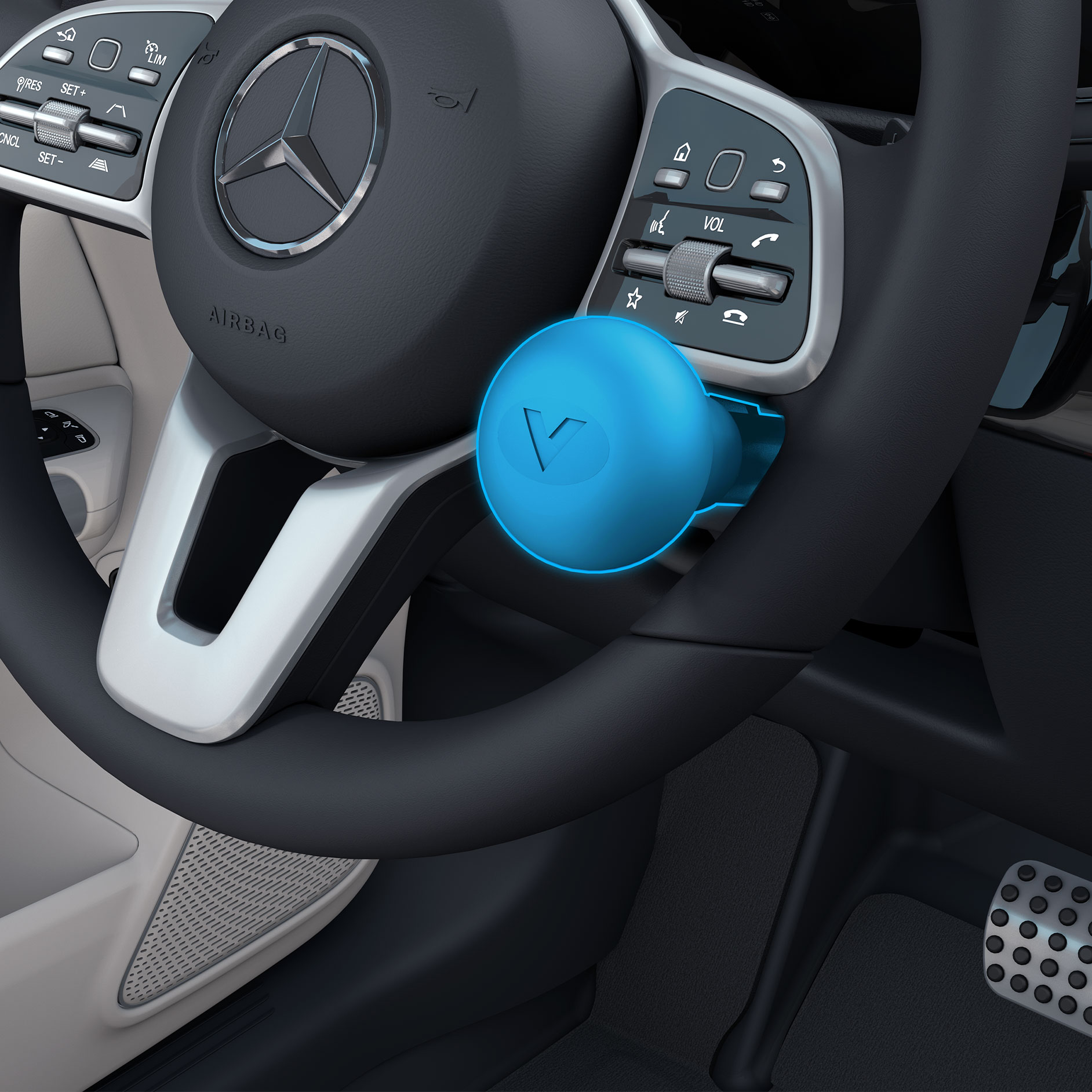 Lenkraddrehknauf | Fahrhilfen | Mercedes-Benz Eine Detailaufnahme des Lenkraddrehknaufs rechts in Verbindung mit einem behindertengerechten Auto.